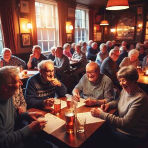 Group of friends enjoying a quiz night at the local pub